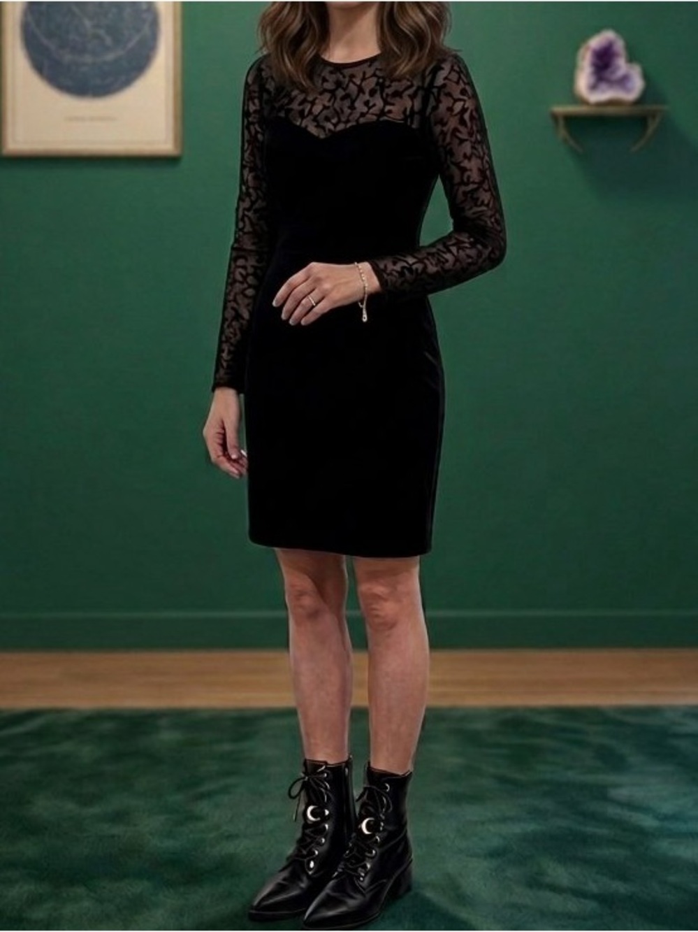 Vintage Size 10 Black Velvet and Lace Long Sleeve Dress 90s Whimsigoth Witchy